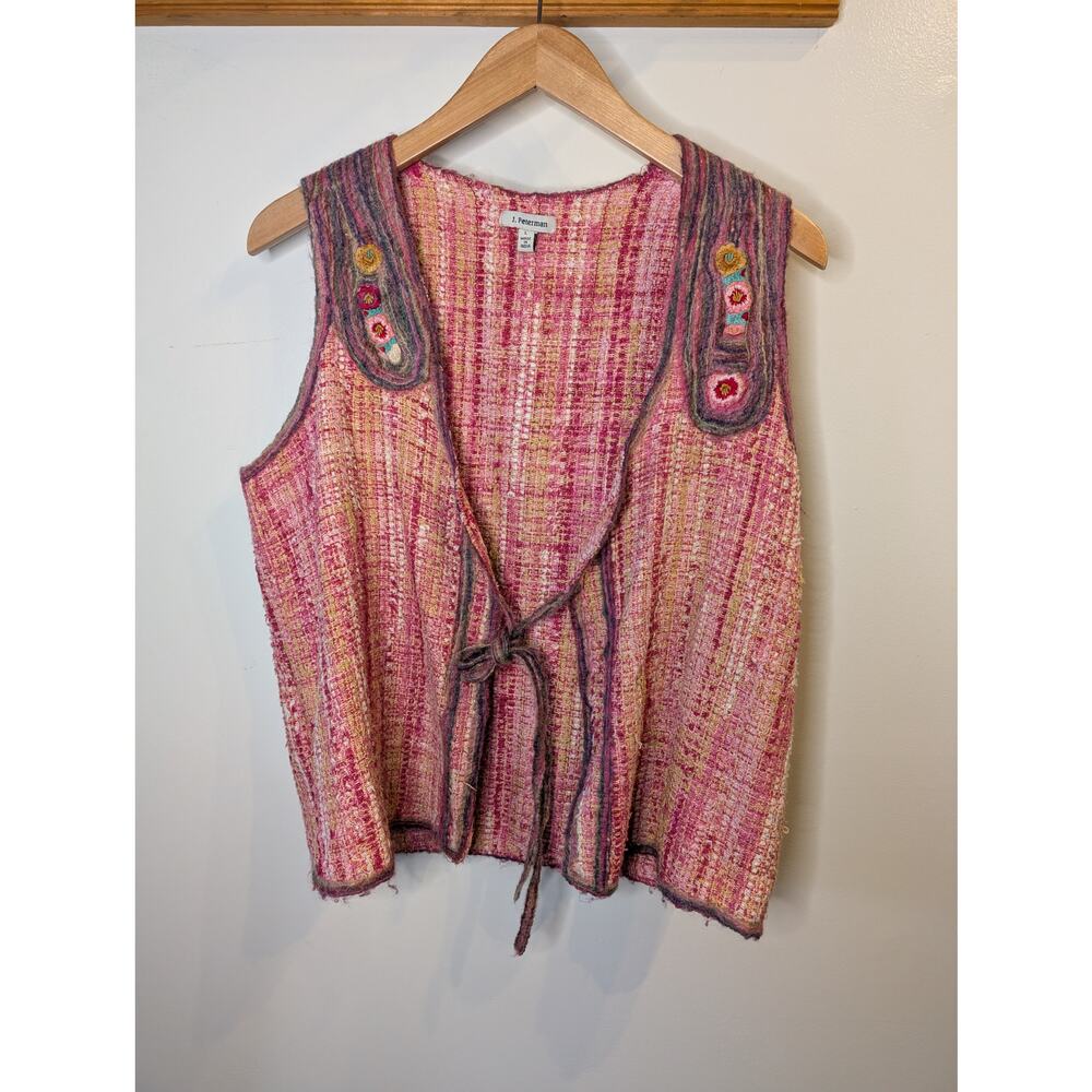 J. Peterman Women's Pink Tweed Vest Embroidered Floral Tie Front Boho Size L